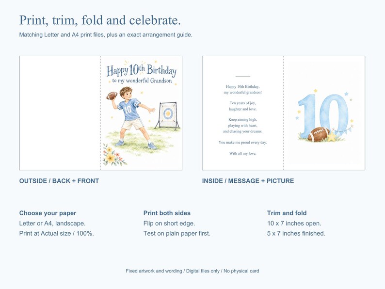 May include: A printable 10th birthday greeting card for a grandson featuring a watercolor illustration of a child throwing a football. The front reads Happy 10th Birthday to my wonderful Grandson. The inside includes a poem and a large blue number 10.