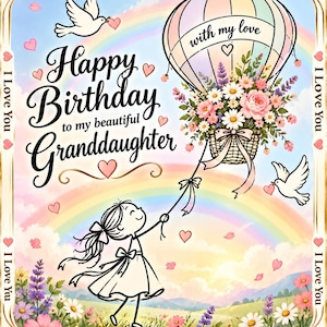 May include: A birthday greeting card featuring a line-art illustration of a child holding a string attached to a hot air balloon filled with flowers. The text reads Happy Birthday to my beautiful Granddaughter and with my love.