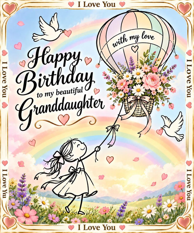 May include: A birthday greeting card featuring a line-art illustration of a child holding a string attached to a hot air balloon filled with flowers. The text reads Happy Birthday to my beautiful Granddaughter and with my love.