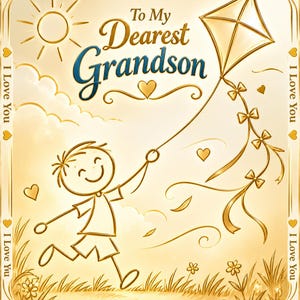 May include: A gold-toned greeting card featuring a line-art illustration of a child flying a kite. The text reads "To My Dearest Grandson" and "I Love You" repeated along the border. The scene includes a sun, clouds, hearts, and flowers.