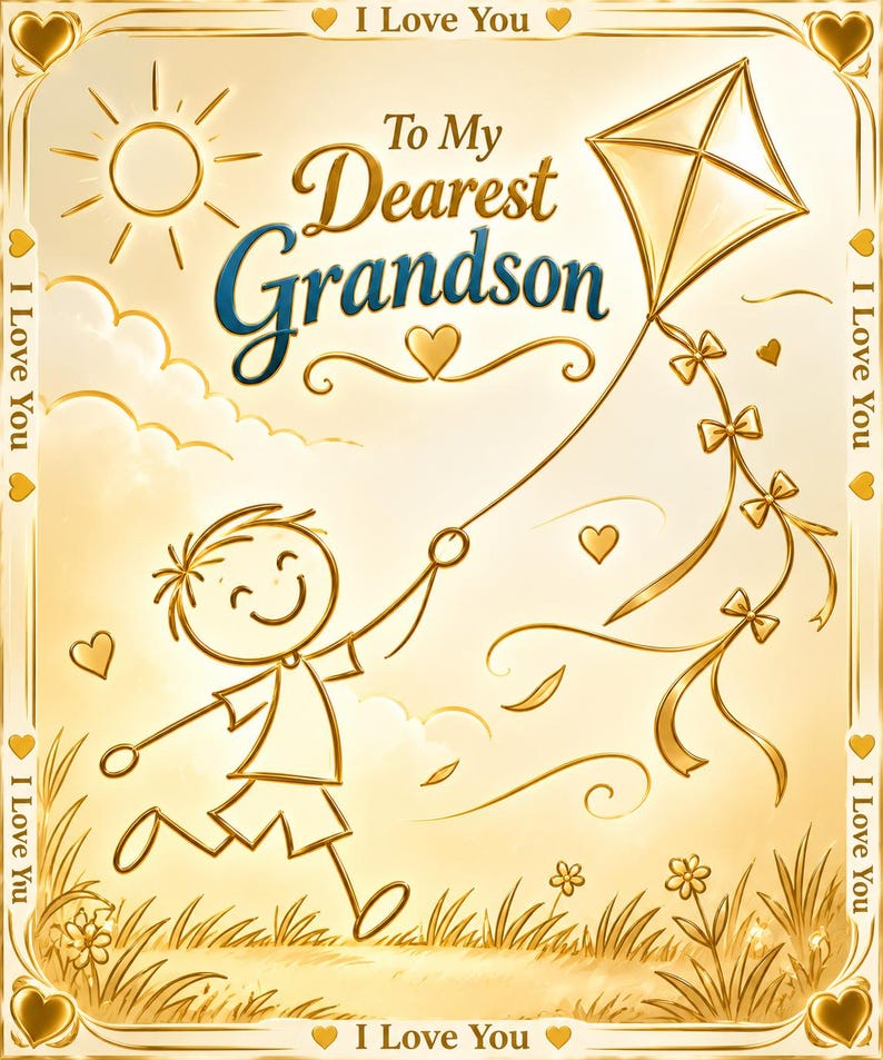 May include: A gold-toned greeting card featuring a line-art illustration of a child flying a kite. The text reads "To My Dearest Grandson" and "I Love You" repeated along the border. The scene includes a sun, clouds, hearts, and flowers.
