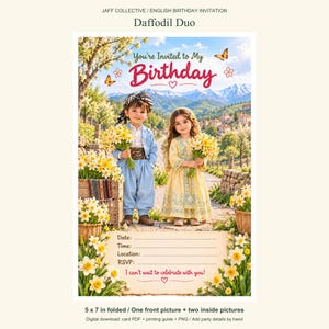 May include: A birthday invitation card titled Daffodil Duo featuring two children holding yellow daffodil bouquets in a mountain landscape. The card includes text fields for date, time, location, and RSVP, with the phrase You're Invited to My Birthday.