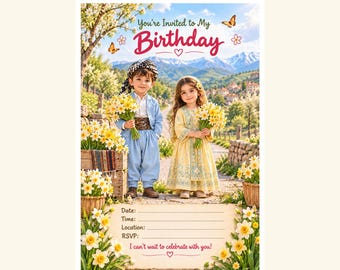 May include: A birthday invitation card titled Daffodil Duo featuring two children holding yellow daffodil bouquets in a mountain landscape. The card includes text fields for date, time, location, and RSVP, with the phrase You're Invited to My Birthday.