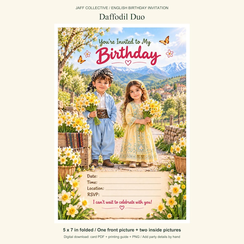May include: A birthday invitation card titled Daffodil Duo featuring two children holding yellow daffodil bouquets in a mountain landscape. The card includes text fields for date, time, location, and RSVP, with the phrase You're Invited to My Birthday.