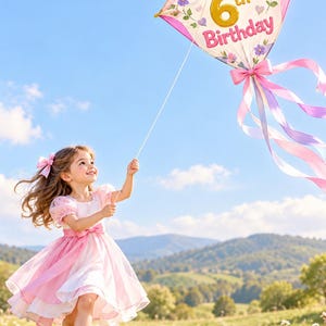 May include: A diamond-shaped kite featuring the text Happy 6th Birthday in purple and pink lettering, decorated with small floral illustrations. The kite has long, flowing pink and purple ribbons attached to the bottom point and a white string.