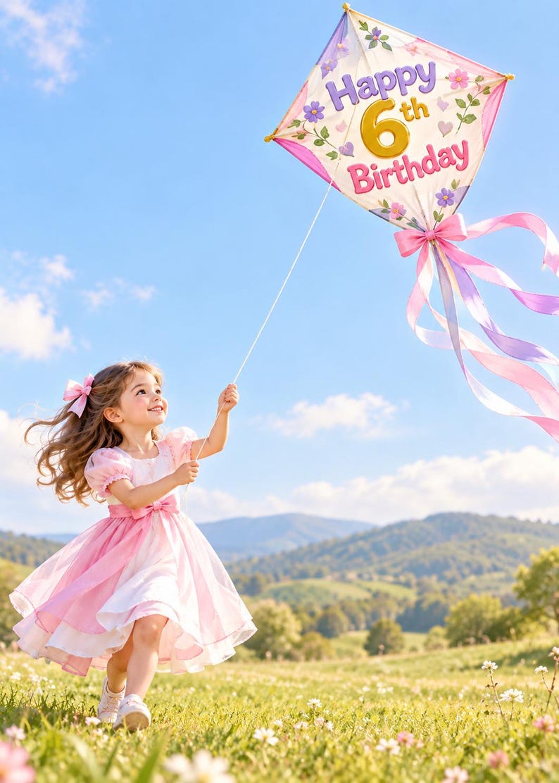 May include: A diamond-shaped kite featuring the text Happy 6th Birthday in purple and pink lettering, decorated with small floral illustrations. The kite has long, flowing pink and purple ribbons attached to the bottom point and a white string.