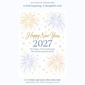 Peut inclure: Une carte de v&oelig;ux avec des feux d'artifice style aquarelle en jaune, bleu et rose pastel. Le texte indique : Happy New Year 2027, New hopes. Fresh beginnings. Wonderful moments ahead. Le design inclut de petites &eacute;toiles sur fond blanc.