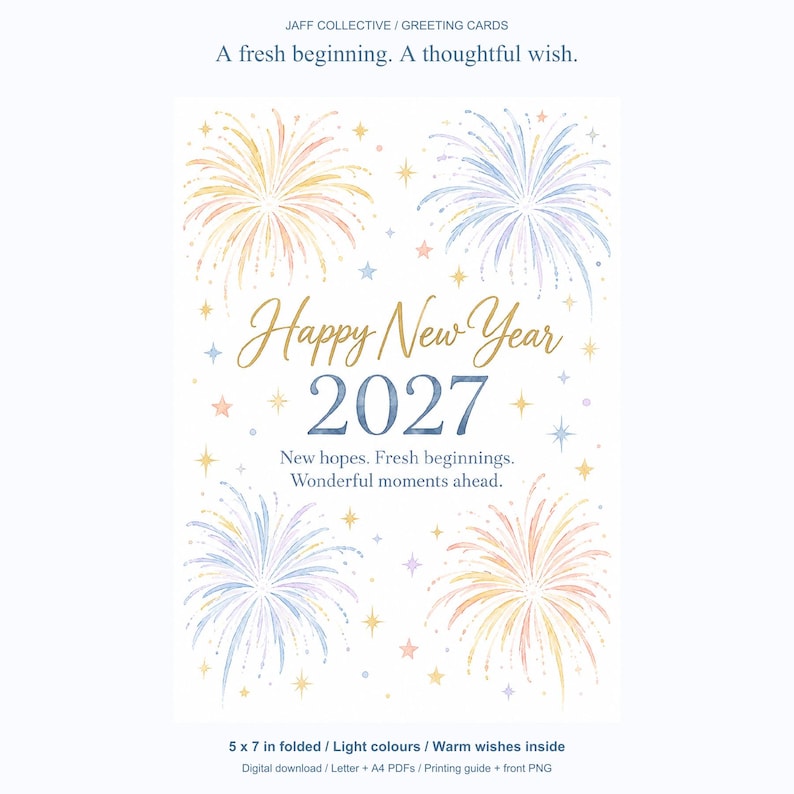 Peut inclure: Une carte de v&oelig;ux avec des feux d'artifice style aquarelle en jaune, bleu et rose pastel. Le texte indique : Happy New Year 2027, New hopes. Fresh beginnings. Wonderful moments ahead. Le design inclut de petites &eacute;toiles sur fond blanc.