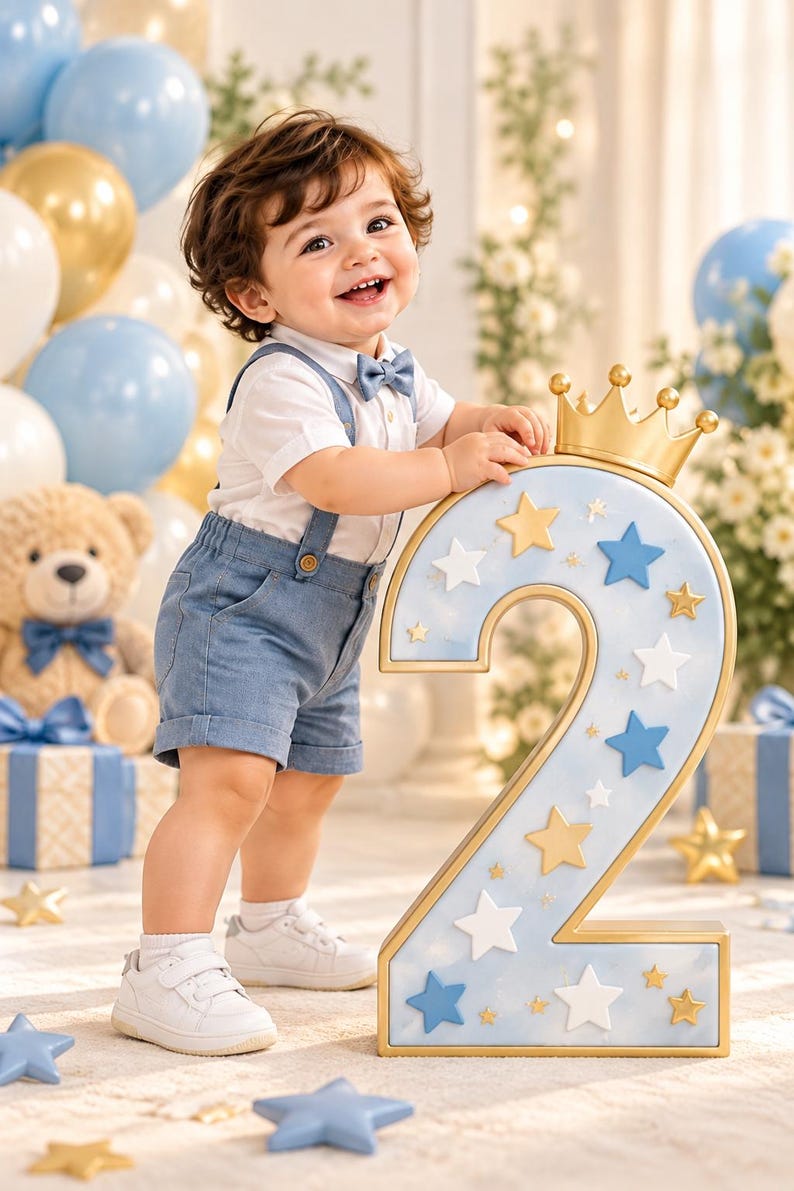 May include: A large, light blue number two prop decorated with gold and white stars and topped with a gold crown. The number features a smooth, marbled finish and gold-toned edges, designed as a decorative piece for a second birthday celebration.
