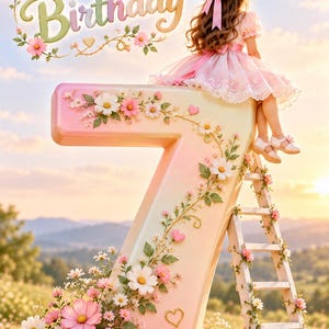 May include: A large, pastel-colored number seven decorated with pink and white flowers, featuring a child with long brown hair and a pink bow sitting on top. A white ladder leans against the number, and the text Happy Birthday appears above.