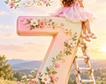 Könnte beinhalten: Eine große, pastellfarbene Zahl sieben, verziert mit rosa und weißen Blumen, auf der ein Kind mit langem braunen Haar und einer rosa Schleife sitzt. Eine weiße Leiter lehnt an der Zahl und der Text Happy Birthday erscheint darüber.