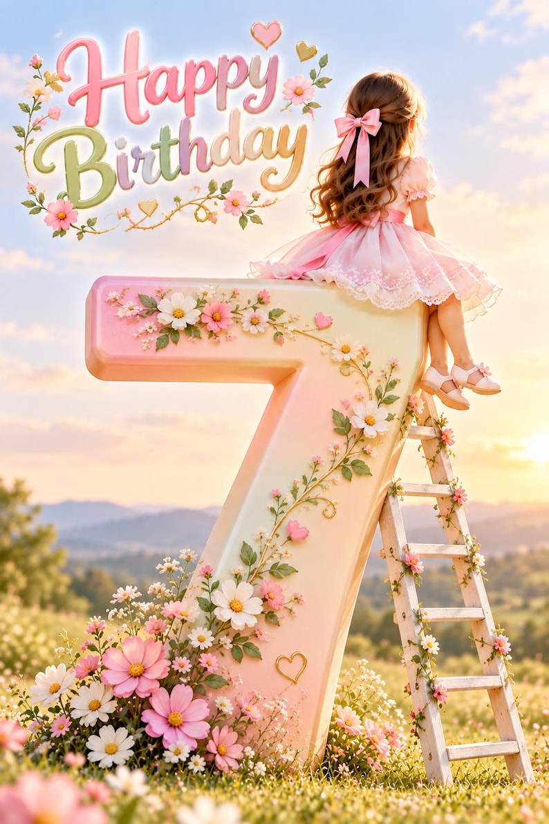 May include: A large, pastel-colored number seven decorated with pink and white flowers, featuring a child with long brown hair and a pink bow sitting on top. A white ladder leans against the number, and the text Happy Birthday appears above.