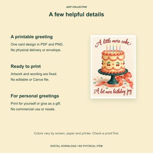 May include: A digital greeting card design featuring a cream-colored cake with red frosting, cherries, and five lit candles on a green pedestal stand. The text reads A little more cake and A lot more birthday joy in red cursive script.