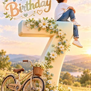 May include: A large number seven decorated with white and blue daisies, featuring a child sitting on top and a bicycle with a wicker basket filled with flowers parked at the base. The text "Happy Birthday" appears in blue and gold script.