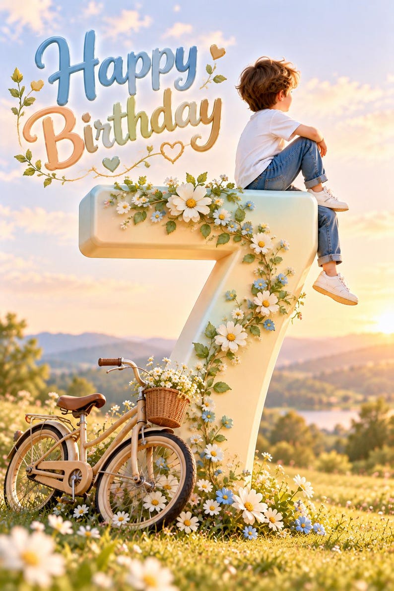 May include: A large number seven decorated with white and blue daisies, featuring a child sitting on top and a bicycle with a wicker basket filled with flowers parked at the base. The text "Happy Birthday" appears in blue and gold script.