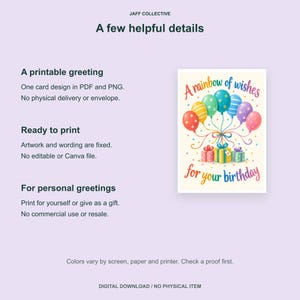 May include: A digital birthday greeting card design featuring colorful balloons and three wrapped gift boxes. The text reads A rainbow of wishes for your birthday in multi-colored lettering. The background is a light cream color with confetti.