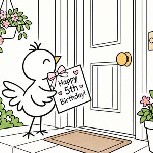 Pu&ograve; includere: Un uccellino bianco dei cartoni animati in piedi su un portico che tiene un cartello quadrato con la scritta Happy 5th Birthday, un fiocco rosa e piccoli cuori. La scena include una porta bianca, una pianta sospesa e un vaso di fiori.