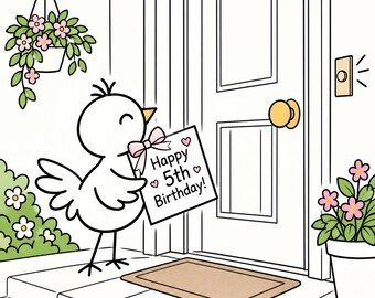 Könnte beinhalten: Ein weißer Cartoon-Vogel steht auf einer Veranda und hält ein quadratisches Schild mit der Aufschrift Happy 5th Birthday, einer rosa Schleife und kleinen Herzen. Die Szene zeigt eine weiße Tür, eine Hängepflanze und einen Blumentopf.