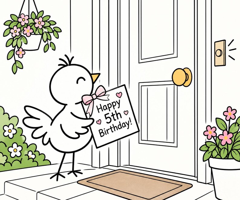 Pu&ograve; includere: Un uccellino bianco dei cartoni animati in piedi su un portico che tiene un cartello quadrato con la scritta Happy 5th Birthday, un fiocco rosa e piccoli cuori. La scena include una porta bianca, una pianta sospesa e un vaso di fiori.