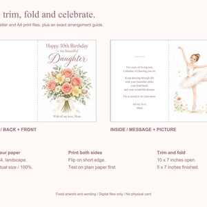 Op de afbeelding: Een digitale wenskaartsjabloon met een boeket roze en gele rozen op de voorkant met de tekst Happy 10th Birthday to my beautiful Daughter. De binnenkant toont een illustratie van een ballerina en een gedrukte boodschap voor een dochter.