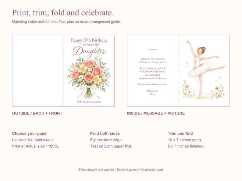 Op de afbeelding: Een digitale wenskaartsjabloon met een boeket roze en gele rozen op de voorkant met de tekst Happy 10th Birthday to my beautiful Daughter. De binnenkant toont een illustratie van een ballerina en een gedrukte boodschap voor een dochter.