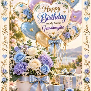 May include: A birthday greeting card featuring a bouquet of blue and white roses and hydrangeas in a round box with a blue ribbon, surrounded by heart-shaped balloons with the text Happy Birthday to My Sweet Granddaughter and I Love You.