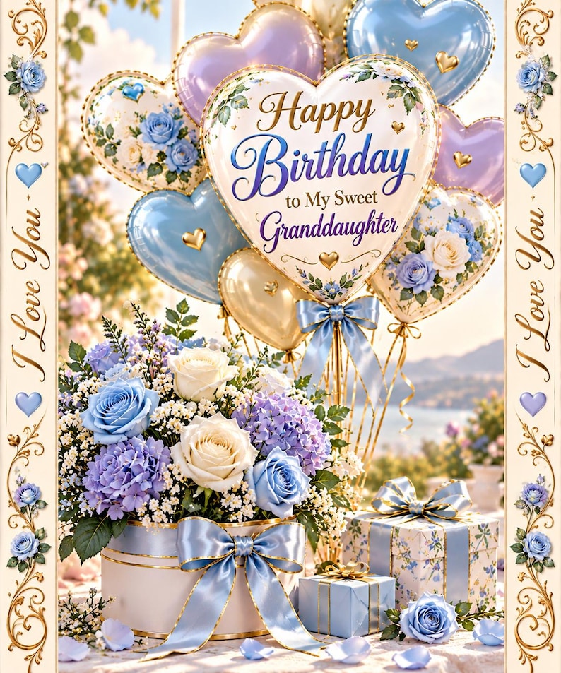 May include: A birthday greeting card featuring a bouquet of blue and white roses and hydrangeas in a round box with a blue ribbon, surrounded by heart-shaped balloons with the text Happy Birthday to My Sweet Granddaughter and I Love You.