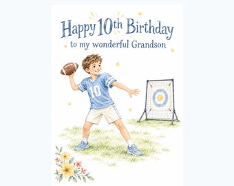 Könnte beinhalten: Eine Geburtstagskarte mit einer Aquarellillustration eines Kindes im blauen Trikot mit der Nummer 10, das einen braunen Football auf ein Zielnetz wirft. Der Text lautet Happy 10th Birthday to my wonderful Grandson, ergänzt durch gelbe Sterne.