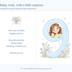 Op de afbeelding: Een verjaardagskaart met een pastelblauw cijfer 9 waar een lachend meisje doorheen kijkt. De kaart bevat een illustratie van een bloemenboeket en de tekst: Nine years of smiles, laughter and love. Keep dreaming big, shining bright, and being wonderful you. With all my love. De kaart is 10 x 7 inch wanneer deze open is.