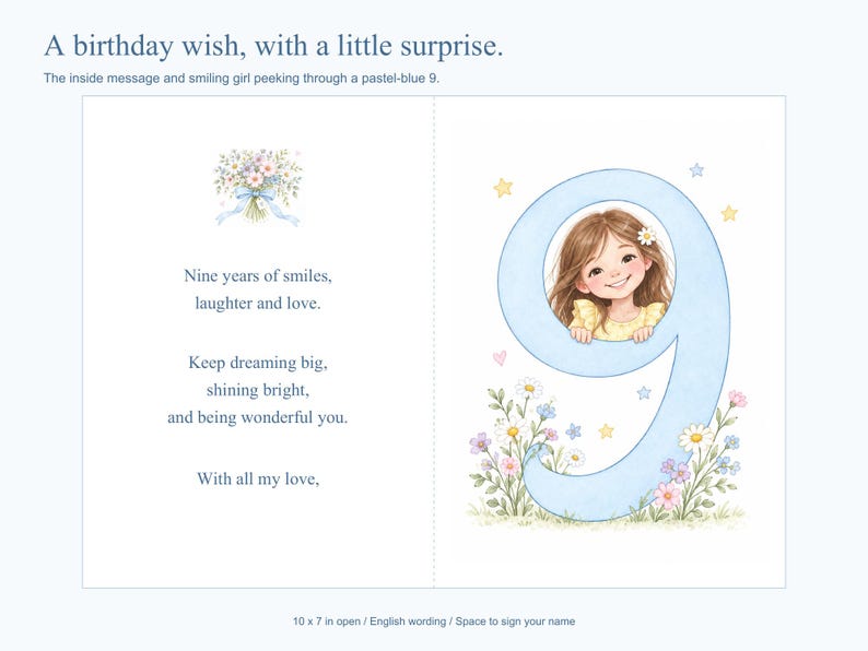 Op de afbeelding: Een verjaardagskaart met een pastelblauw cijfer 9 waar een lachend meisje doorheen kijkt. De kaart bevat een illustratie van een bloemenboeket en de tekst: Nine years of smiles, laughter and love. Keep dreaming big, shining bright, and being wonderful you. With all my love. De kaart is 10 x 7 inch wanneer deze open is.