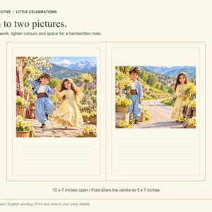 Op de afbeelding: Een wenskaart van 25,4 bij 17,8 cm wanneer geopend, met de tekst 'JAFF COLLECTIVE / LITTLE CELEBRATIONS' en 'Open to two pictures.' Het ontwerp bevat twee rechthoekige fotokaders met kinderen in traditionele kleding en gele bloemen.
