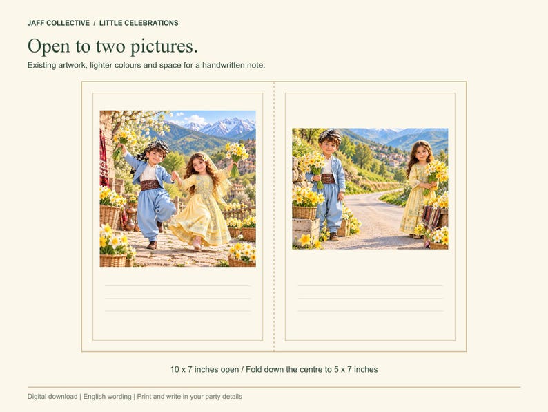 Op de afbeelding: Een wenskaart van 25,4 bij 17,8 cm wanneer geopend, met de tekst 'JAFF COLLECTIVE / LITTLE CELEBRATIONS' en 'Open to two pictures.' Het ontwerp bevat twee rechthoekige fotokaders met kinderen in traditionele kleding en gele bloemen.