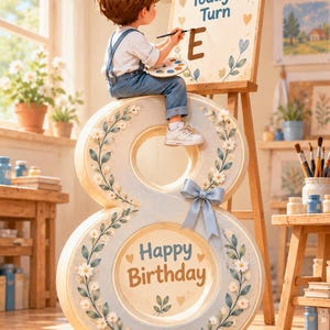 May include: A child in blue overalls sits on a large, cream-colored number eight decoration adorned with painted daisies and a blue ribbon. The child paints the letter E on a canvas that reads Today I Turn, while the number eight displays Happy Birthday.