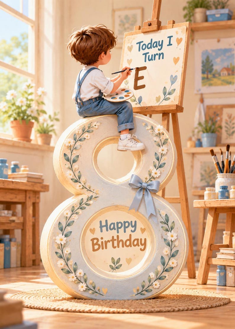 May include: A child in blue overalls sits on a large, cream-colored number eight decoration adorned with painted daisies and a blue ribbon. The child paints the letter E on a canvas that reads Today I Turn, while the number eight displays Happy Birthday.