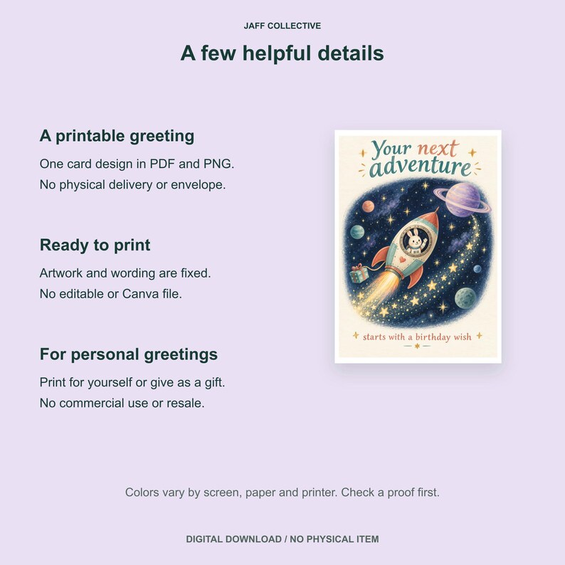 May include: A digital greeting card design featuring a rocket ship in space with a rabbit pilot. The text reads Your next adventure starts with a birthday wish. The background is a dark blue starry sky with planets and a gift box trailing the rocket.