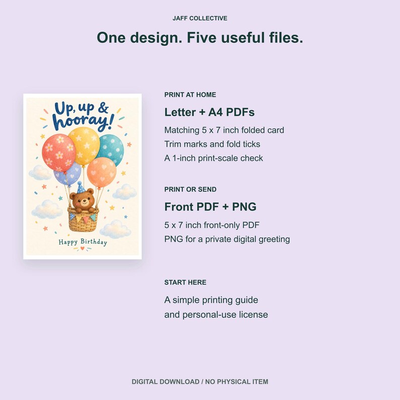 May include: A digital birthday card design featuring a brown bear in a hot air balloon basket with colorful balloons, clouds, and the text Up, up & hooray! and Happy Birthday. Includes Letter and A4 PDFs, 5x7 inch files, and a 1-inch print-scale check.