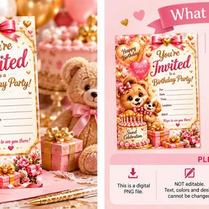 May include: A digital birthday party invitation template featuring a teddy bear and puppy illustration, pink gift boxes, and a cake. The text reads You're Invited to a Birthday Party, Sweet Celebration, and Hope to see you there. Includes lines for party details.
