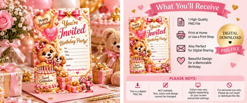 May include: A digital birthday party invitation template featuring a teddy bear and puppy illustration, pink gift boxes, and a cake. The text reads You're Invited to a Birthday Party, Sweet Celebration, and Hope to see you there. Includes lines for party details.