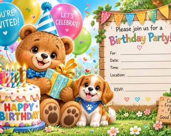 May include: A birthday party invitation card featuring a brown teddy bear in a blue party hat holding a gift, a puppy with a blue bandana, a cake with candles, and colorful balloons. The text reads: You're Invited, Let's Celebrate, and Happy Birthday.