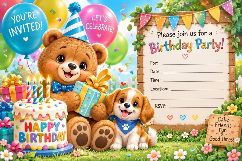 May include: A birthday party invitation card featuring a brown teddy bear in a blue party hat holding a gift, a puppy with a blue bandana, a cake with candles, and colorful balloons. The text reads: You're Invited, Let's Celebrate, and Happy Birthday.
