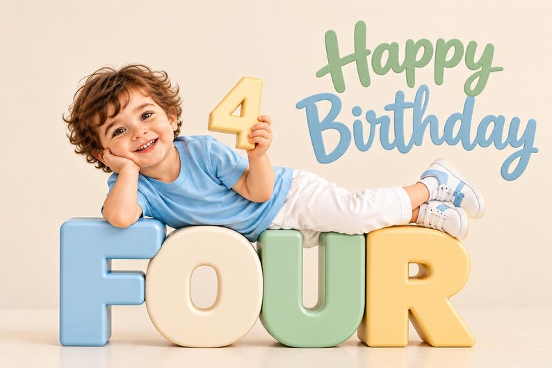 Peut inclure: Un enfant portant un t-shirt bleu clair et un pantalon blanc allong&eacute; sur de grandes lettres en bloc de couleur pastel formant le mot FOUR. L'enfant tient un chiffre 4 jaune. Le texte Happy Birthday est &eacute;crit en lettres cursives vertes et bleues.