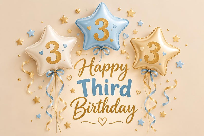 May include: Three star-shaped balloons in white, light blue, and beige, each featuring a gold glitter number 3. The text Happy Third Birthday is centered below the balloons, surrounded by small gold and blue stars, hearts, and curling ribbons.