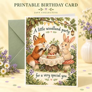 May include: A printable birthday card featuring a fox, a hedgehog, and a rabbit wearing party hats at a table set with a cake and tea. The text reads A little woodland party for a very special you. The illustration includes trees, flowers, and a lantern.