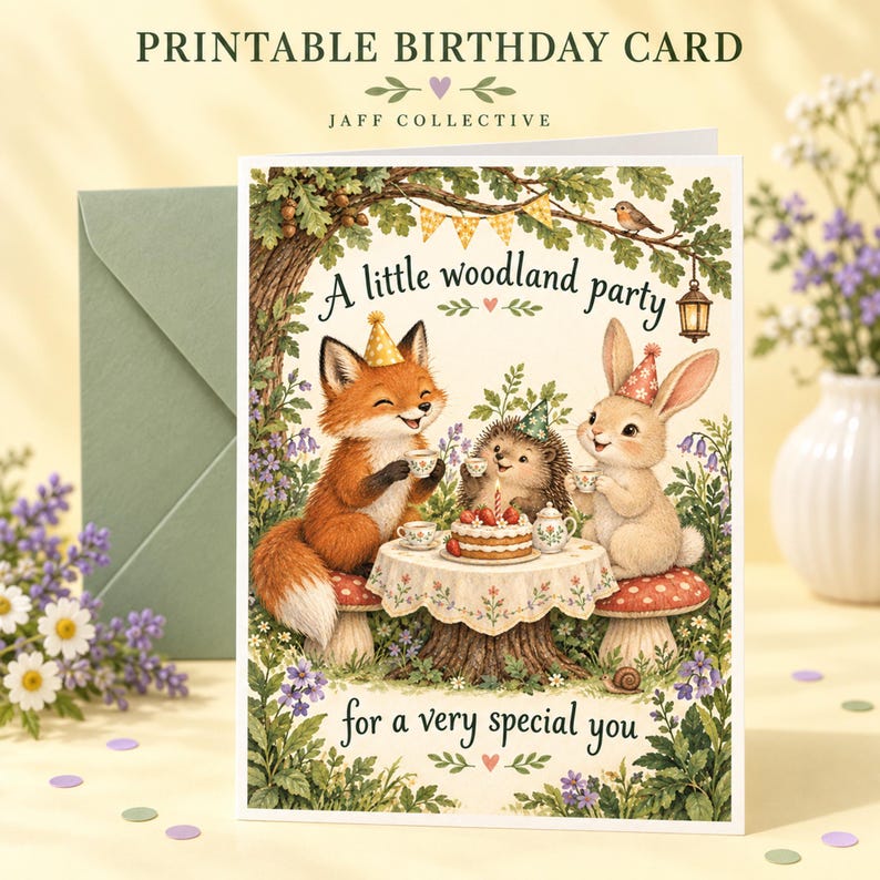 May include: A printable birthday card featuring a fox, a hedgehog, and a rabbit wearing party hats at a table set with a cake and tea. The text reads A little woodland party for a very special you. The illustration includes trees, flowers, and a lantern.