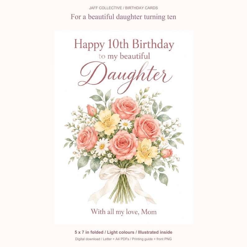 Op de afbeelding: Een verjaardagskaart met een aquarelboeket van roze rozen, gele alstroemeria's en witte madeliefjes, samengebonden met een wit lint. De tekst luidt: Happy 10th Birthday to my beautiful Daughter, With all my love, Mom, en Jaff Collective.