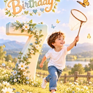 May include: A child in a white t-shirt and blue jeans runs through a field of daisies, holding a butterfly net. A large number seven decorated with flowers stands nearby. The text Happy Birthday appears at the top with butterflies.