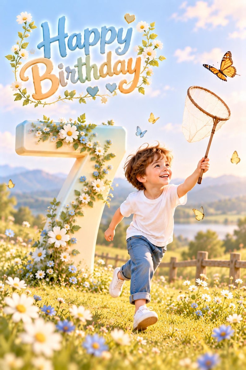 May include: A child in a white t-shirt and blue jeans runs through a field of daisies, holding a butterfly net. A large number seven decorated with flowers stands nearby. The text Happy Birthday appears at the top with butterflies.