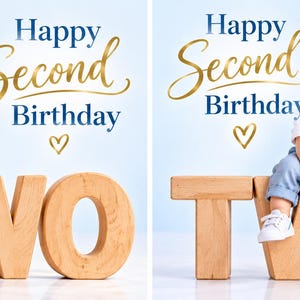 May include: A toddler wearing a white button-down shirt, light blue trousers with suspenders, and a matching bow tie, sitting on large wooden letters spelling the word TWO. The text Happy Second Birthday and a heart symbol are displayed.