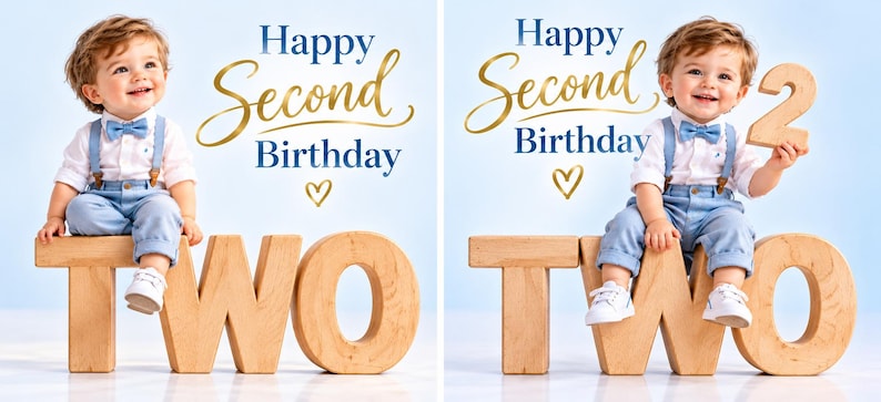 May include: A toddler wearing a white button-down shirt, light blue trousers with suspenders, and a matching bow tie, sitting on large wooden letters spelling the word TWO. The text Happy Second Birthday and a heart symbol are displayed.
