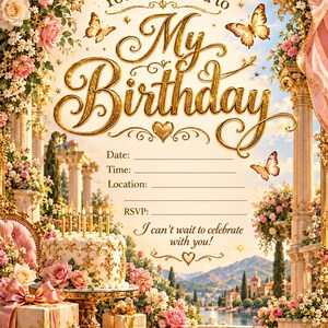 K&ouml;nnte beinhalten: Eine Geburtstagseinladungskarte mit goldenen verzierten R&auml;ndern, rosa Rosen und Schmetterlingen. Der Text lautet: You're Invited to My Birthday, Date, Time, Location, RSVP und I can't wait to celebrate with you! Ein Kuchen mit Kerzen und Geschenke.